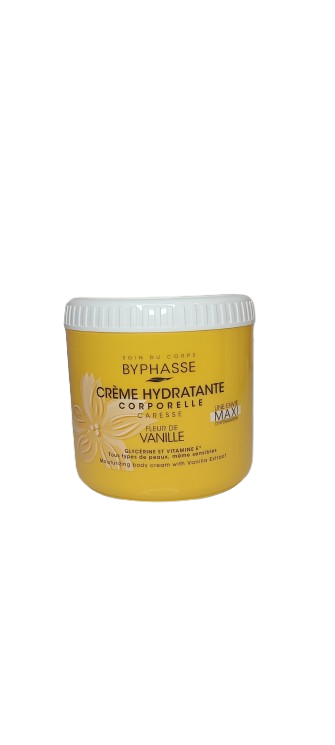 نمای نزدیک بسته بندی کرم بدن بایفاس Byphasse وانیل 500ml